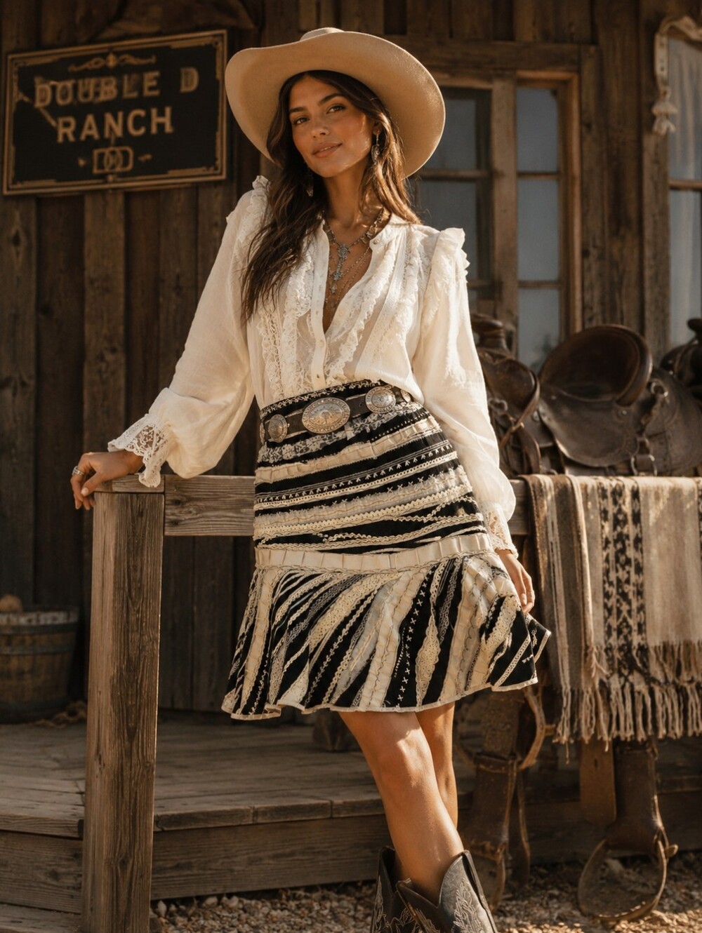 Double D Ranch bohemian Skirt black, yellow , white Size 4